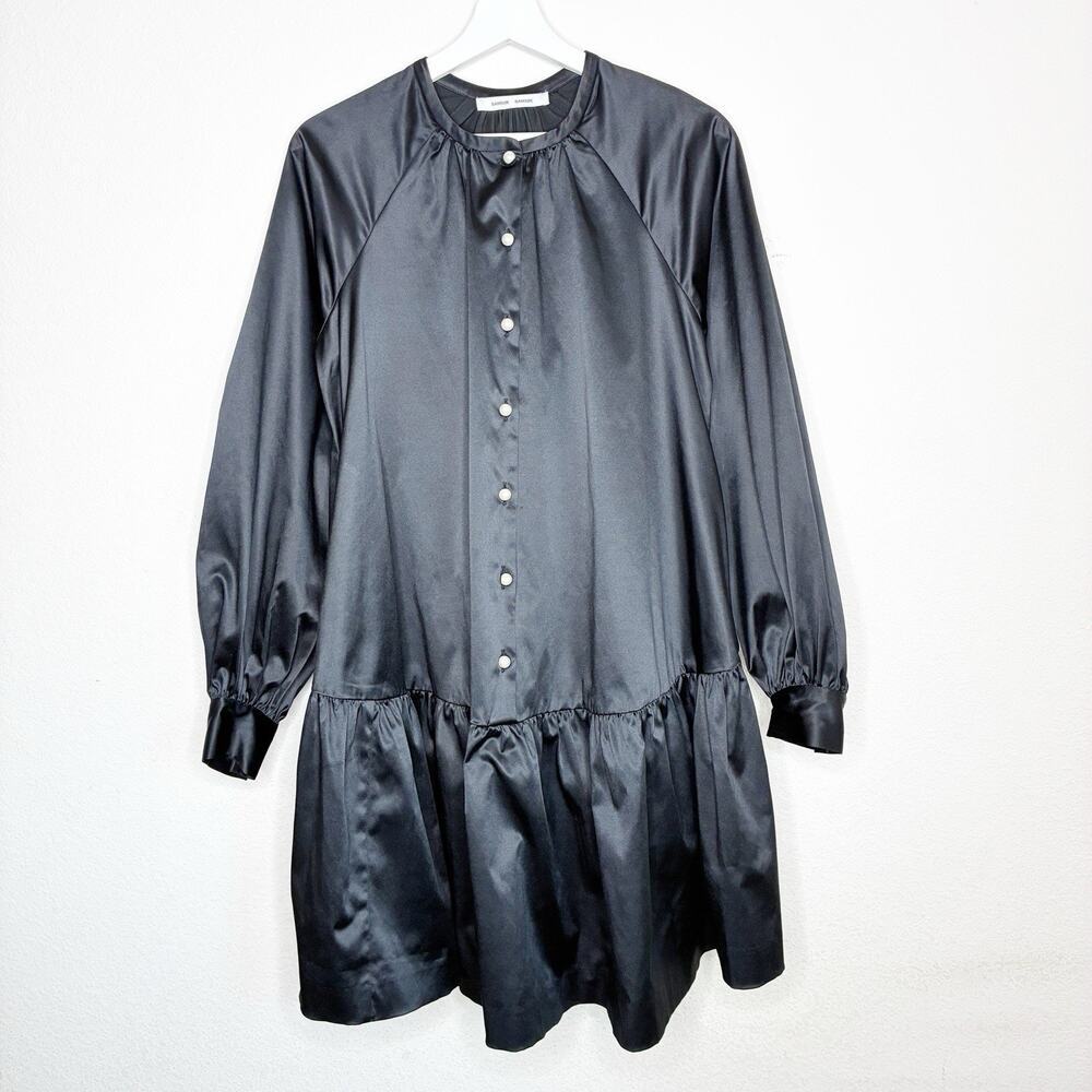 Samsoe Samsoe Black Satin Balloon Sleeve Pocketed Swing Dress XS